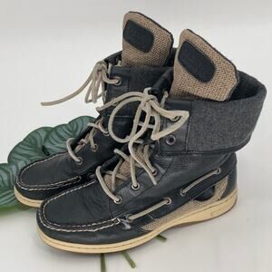 Sperry Black Gray Cream Leather Lace-Up Fold Over Wool Lined Acklin Boots Shoes